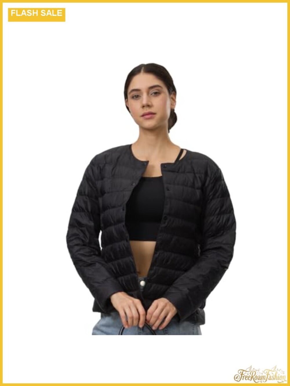 Womens Lightweight Packable Puffer Jacket Collarless Quilted Button Front Coat